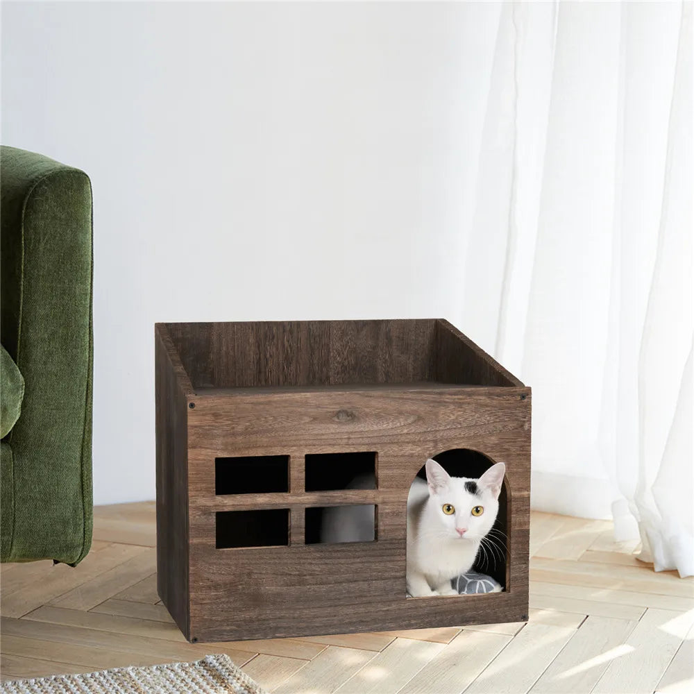 Wooden Cat House Bed with Litter Box & Cushion