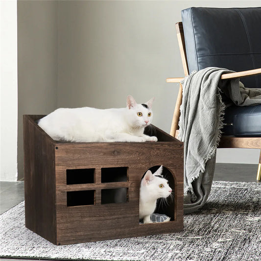 Wooden Cat House Bed with Litter Box & Cushion