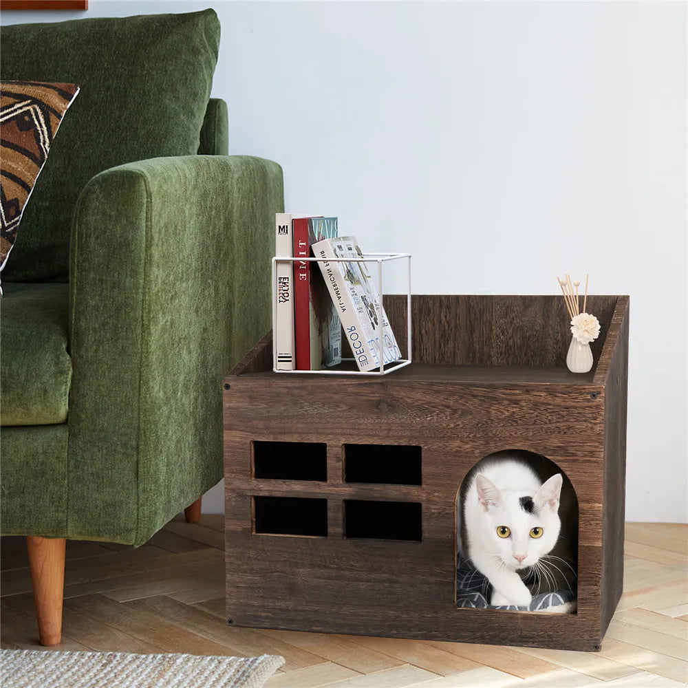 Wooden Cat House Bed with Litter Box & Cushion