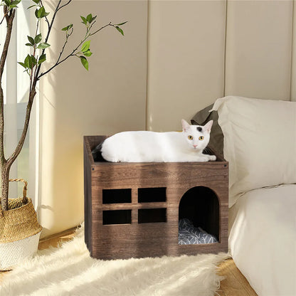 Wooden Cat House Bed with Litter Box & Cushion