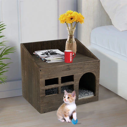 Wooden Cat House Bed with Litter Box & Cushion