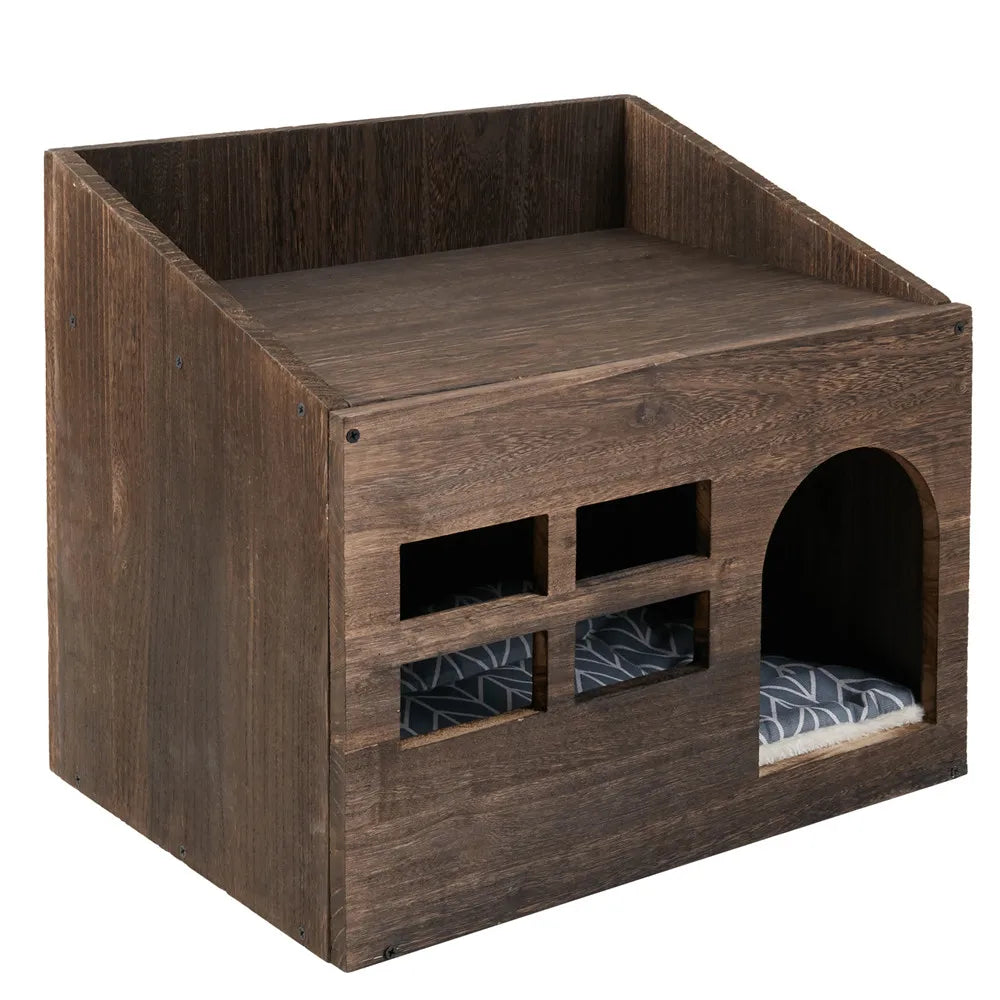 Wooden Cat House Bed with Litter Box & Cushion