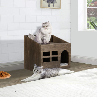 Wooden Cat House Bed with Litter Box & Cushion